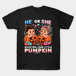 Anticipation Awaits: What Will Our Little Pumpkin Be – He or She? T-Shirt